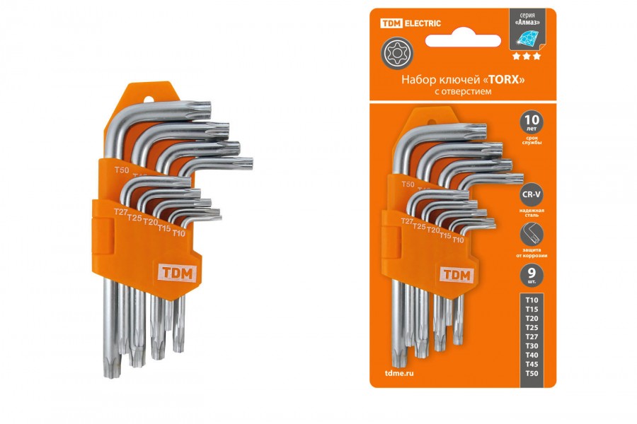 Набор ключей "TORX" с отверстием 9шт Т10-Т50 (держатель в блистере), CR-V сталь "Алмаз" TDM - купить в Тамбове