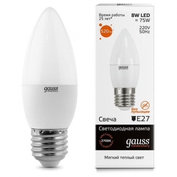 Лампа св/д Свеча E27 8W(520lm) 3000K, Gauss Elementary - купить в Тамбове