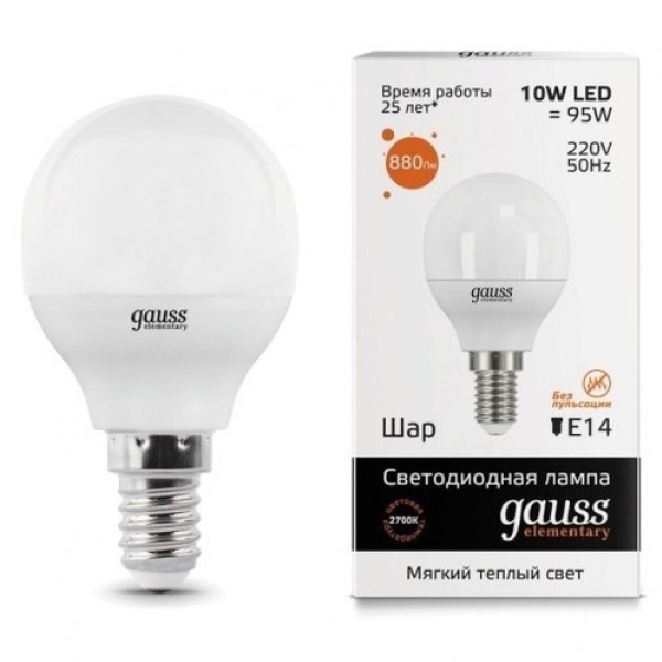 Лампа св/д Шар G45 E14 10W(880lm) 3000K, Gauss Elementary - купить в Тамбове
