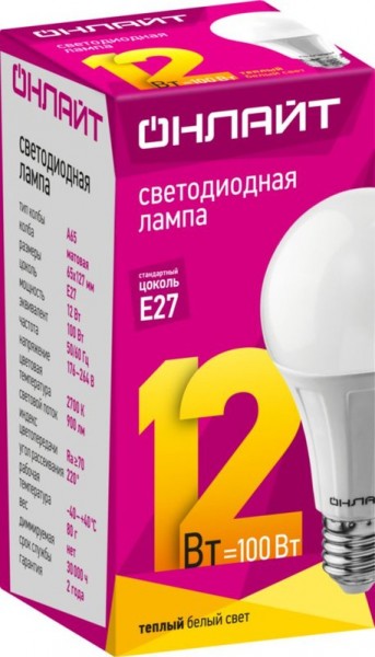 Лампа LED A60-12W-230-2.7K-E27 ОНЛАЙТ - купить в Тамбове
