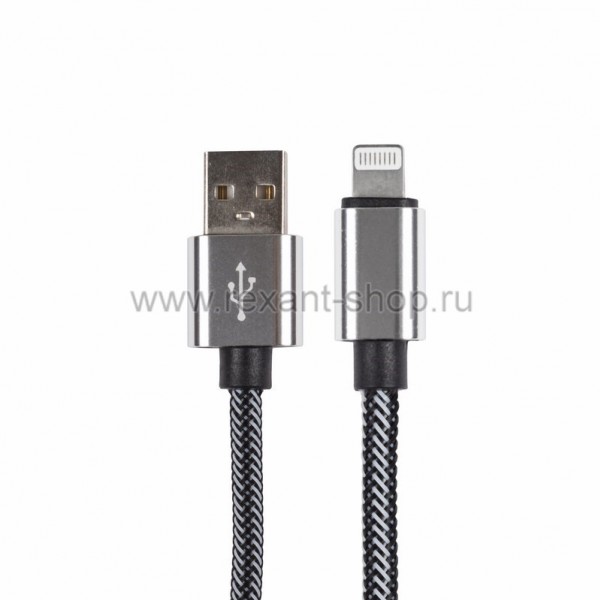 USB кабель для iPhone 5/6/7/8/X моделей,шнур в кожаной оплетке черный, REXANT - купить в Тамбове