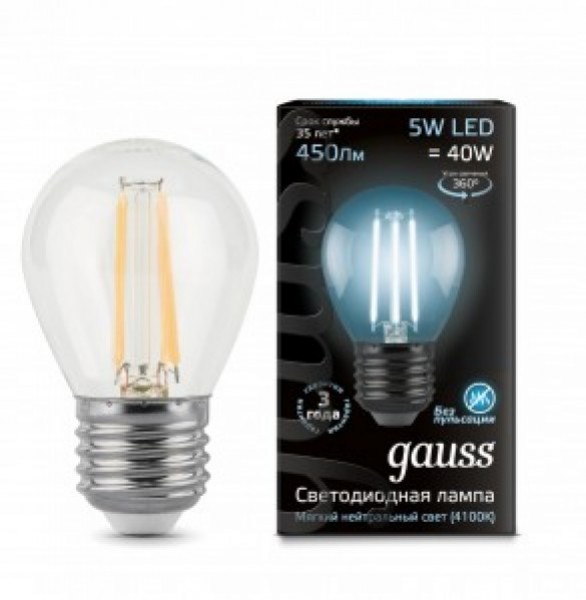 Лампа св/д Шар G45 E27 7W(580lm) 4100K, Gauss Filament - купить в Тамбове