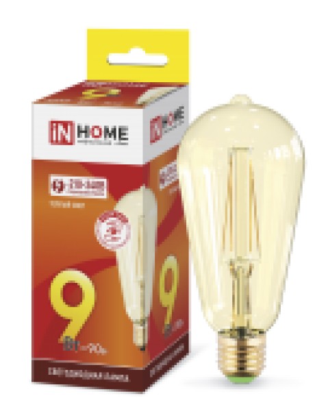 Лампа LED-ST64-deco gold 9W-230-3000K-E27 золотистая, IN HOME - купить в Тамбове