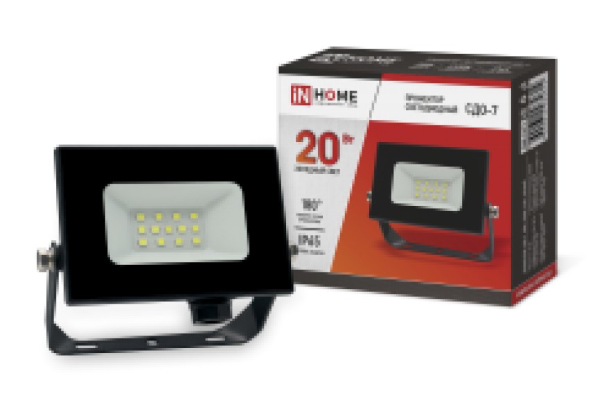 Прожектор LED СДО-7 20Вт 230В 6500К IP65 черный, IN HOME - купить в Тамбове